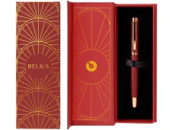 Stylo-plume belius soiree aluminium details et attributs or encre bleue coloris bordeaux dans coffret cadeau