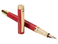 Stylo-plume belius soiree aluminium details et attributs or encre bleue coloris bordeaux dans coffret cadeau