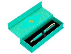 Stylo-plume belius soiree aluminium details et attributs or encre bleue coloris turquoise dans coffret cadeau