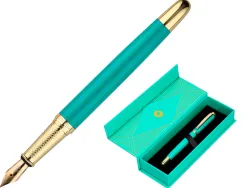 Stylo-plume belius soiree aluminium details et attributs or encre bleue coloris turquoise dans coffret cadeau