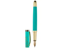 Stylo-plume belius soiree aluminium details et attributs or encre bleue coloris turquoise dans coffret cadeau
