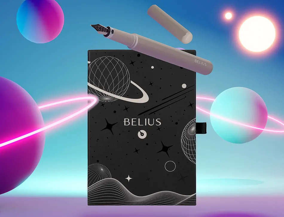 Stylo-plume et etui en simili cuir belius space b monochrome sans agrafe encre bleue coloris gris dans coffret cadeau