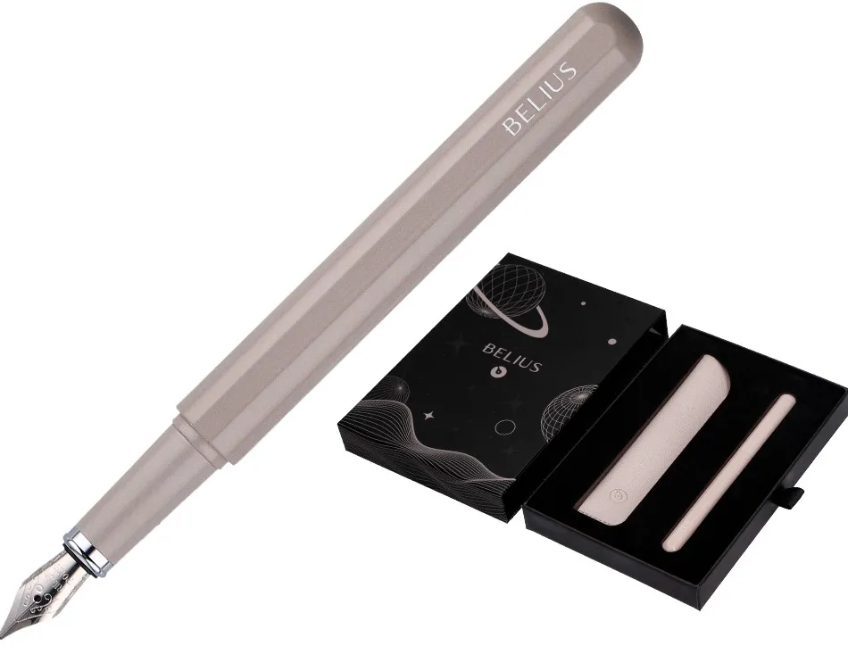 Stylo-plume et etui en simili cuir belius space b monochrome sans agrafe encre bleue coloris gris dans coffret cadeau
