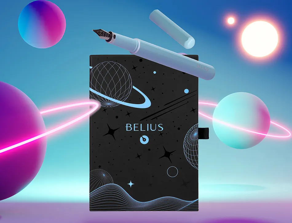 Stylo-plume et etui en simili cuir belius space b monochrome sans agrafe encre bleue coloris bleu dans coffret cadeau