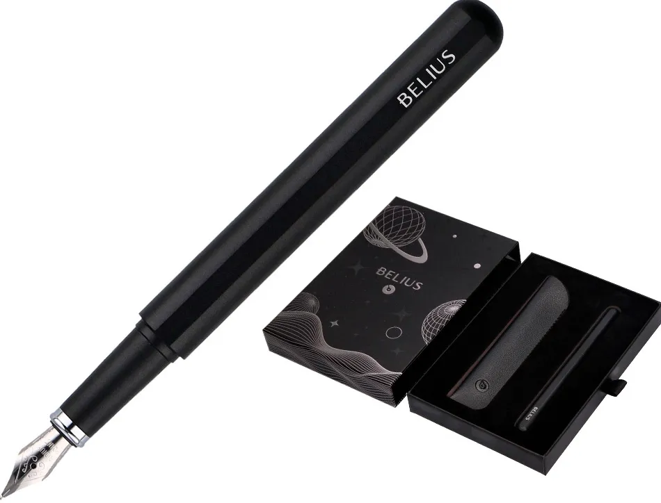 Stylo-plume et etui en simili cuir belius space b monochrome sans agrafe encre bleue coloris noir dans coffret cadeau