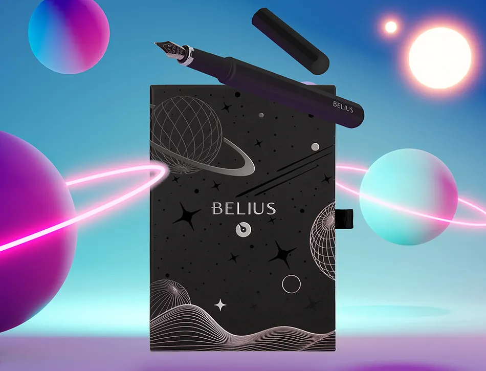 Stylo-plume et etui en simili cuir belius space b monochrome sans agrafe encre bleue coloris noir dans coffret cadeau