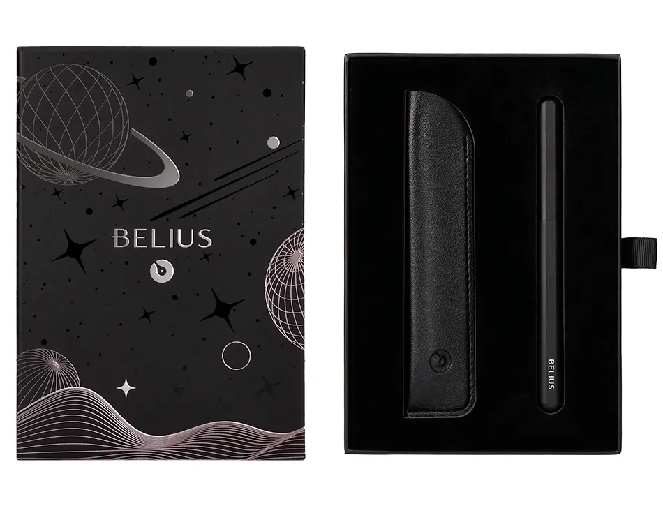Stylo-plume et etui en simili cuir belius space b monochrome sans agrafe encre bleue coloris noir dans coffret cadeau
