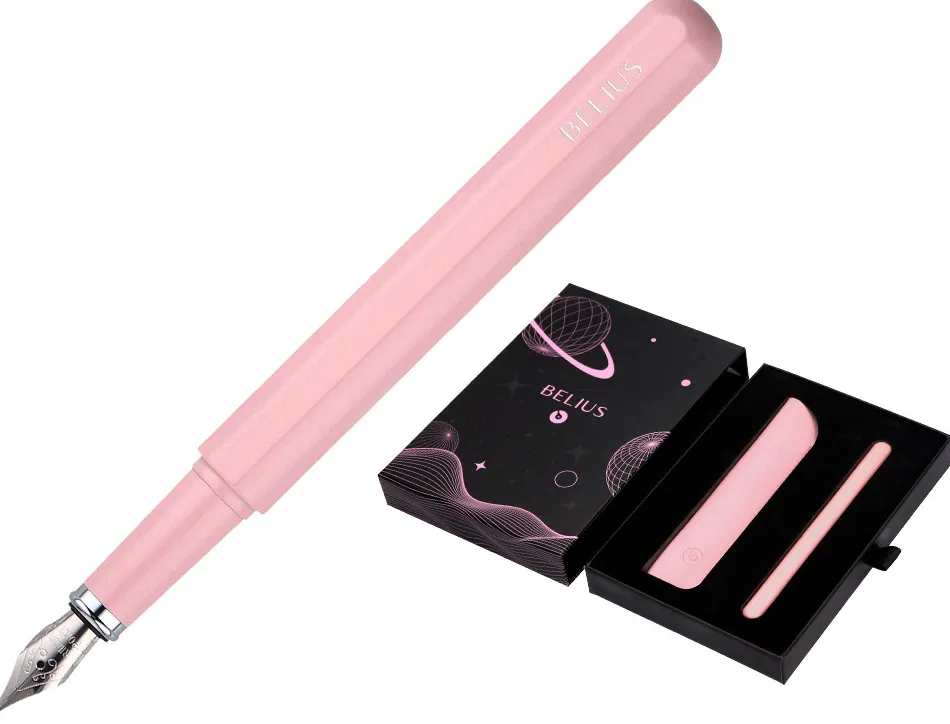 Stylo-plume et etui en simili cuir belius space b monochrome sans agrafe encre bleue coloris rose dans coffret cadeau