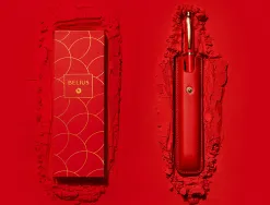 Stylo-plume et etui en simili cuir belius passion aluminium brosse attributs or encre bleue coloris rouge coffret cadeau
