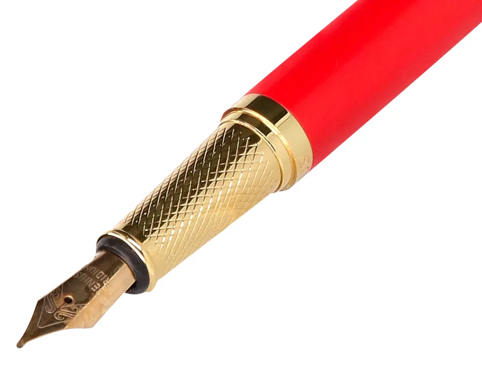 Stylo-plume et etui en simili cuir belius passion aluminium brosse attributs or encre bleue coloris rouge coffret cadeau