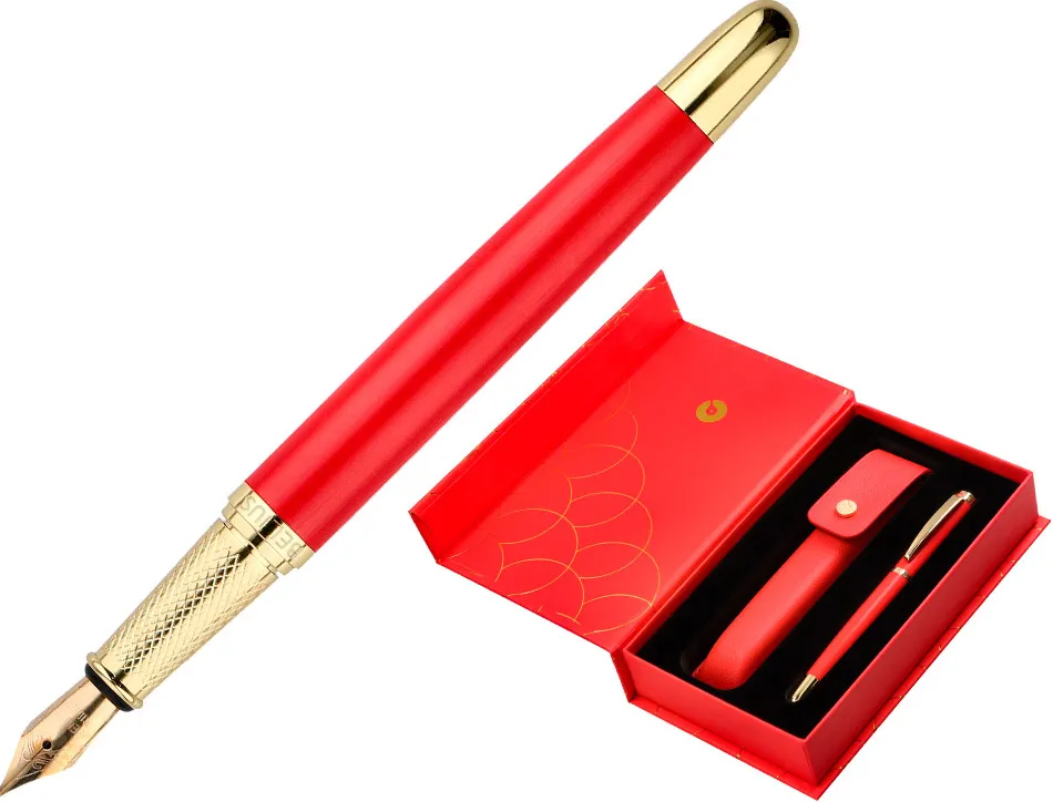 Stylo-plume et etui en simili cuir belius passion aluminium brosse attributs or encre bleue coloris rouge coffret cadeau