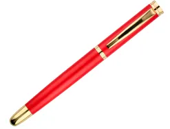 Stylo-plume et etui en simili cuir belius passion aluminium brosse attributs or encre bleue coloris rouge coffret cadeau