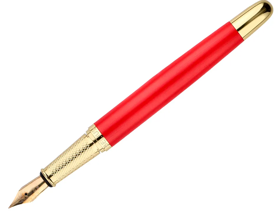 Stylo-plume et etui en simili cuir belius passion aluminium brosse attributs or encre bleue coloris rouge coffret cadeau