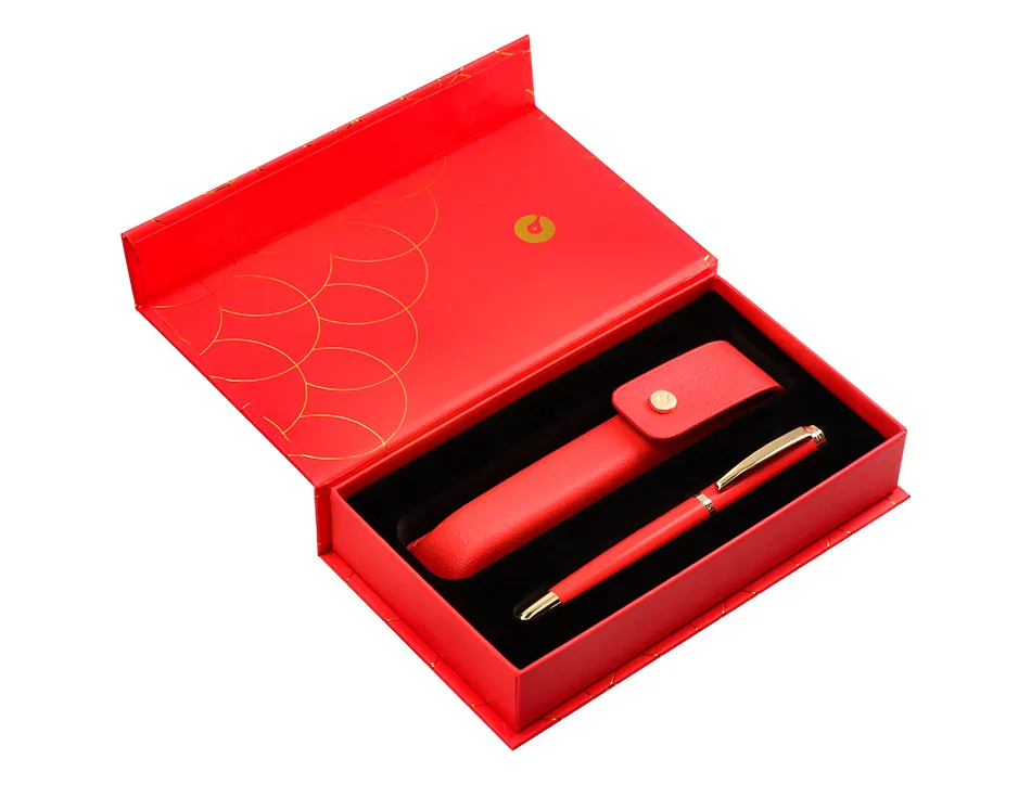 Stylo-plume et etui en simili cuir belius passion aluminium brosse attributs or encre bleue coloris rouge coffret cadeau