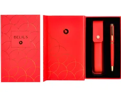 Stylo-plume et etui en simili cuir belius passion aluminium brosse attributs or encre bleue coloris rouge coffret cadeau