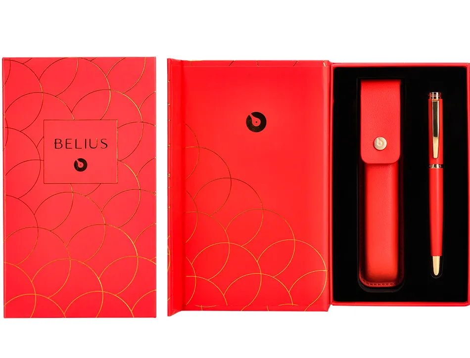 Stylo-plume et etui en simili cuir belius passion aluminium brosse attributs or encre bleue coloris rouge coffret cadeau