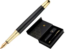 Stylo-plume et etui en simili cuir belius passion aluminium brosse attributs or encre bleue coloris noir coffret cadeau