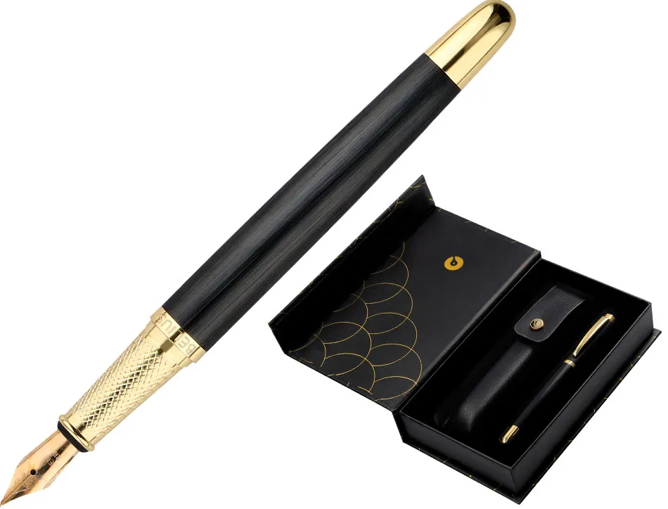 Stylo-plume et etui en simili cuir belius passion aluminium brosse attributs or encre bleue coloris noir coffret cadeau
