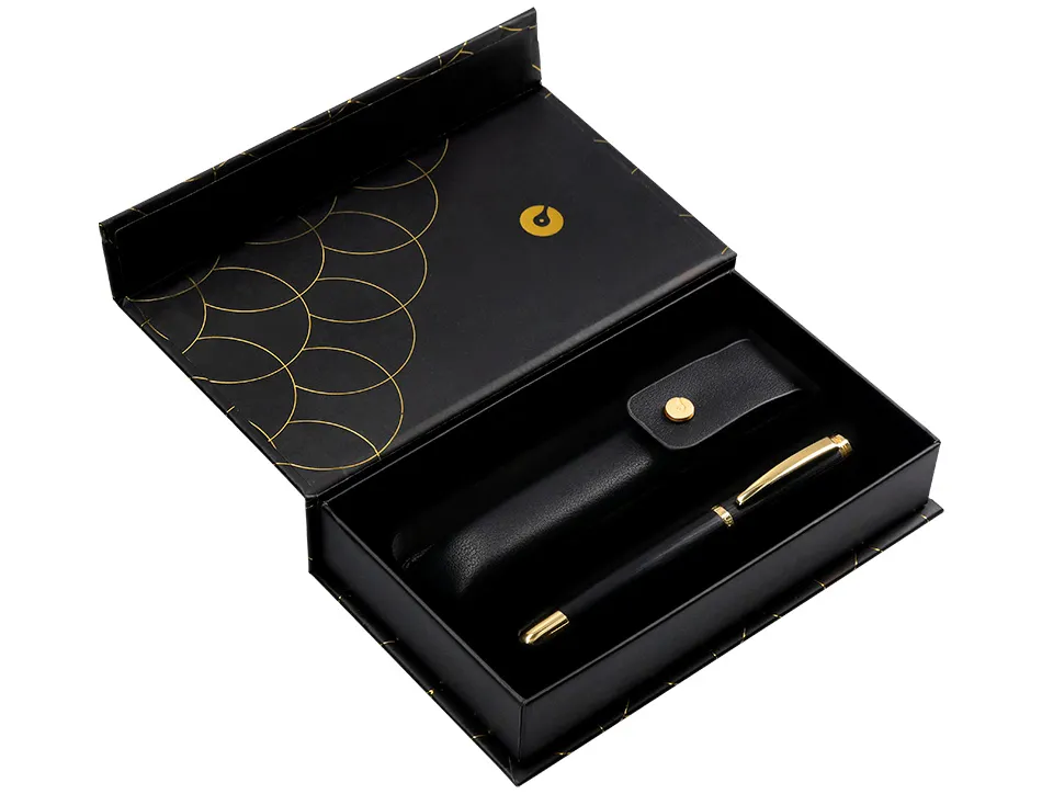 Stylo-plume et etui en simili cuir belius passion aluminium brosse attributs or encre bleue coloris noir coffret cadeau