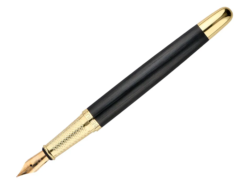 Stylo-plume et etui en simili cuir belius passion aluminium brosse attributs or encre bleue coloris noir coffret cadeau