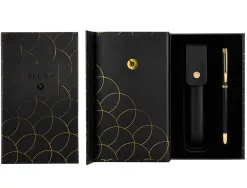 Stylo-plume et etui en simili cuir belius passion aluminium brosse attributs or encre bleue coloris noir coffret cadeau