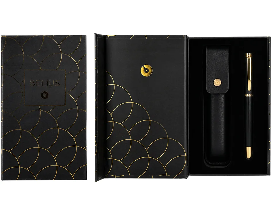 Stylo-plume et etui en simili cuir belius passion aluminium brosse attributs or encre bleue coloris noir coffret cadeau