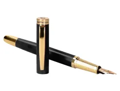 Stylo-plume et etui en simili cuir belius passion aluminium brosse attributs or encre bleue coloris noir coffret cadeau