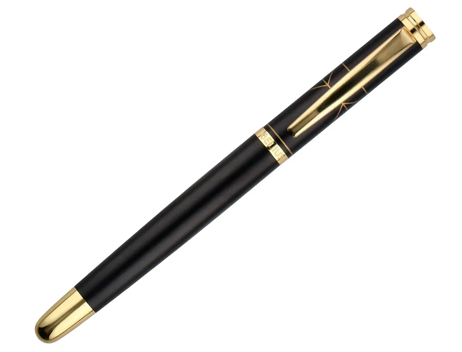 Stylo-plume et etui simili cuir belius soiree aluminium details et attributs or encre bleue coloris noir coffret cadeau