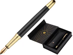 Stylo-plume et etui simili cuir belius soiree aluminium details et attributs or encre bleue coloris noir coffret cadeau