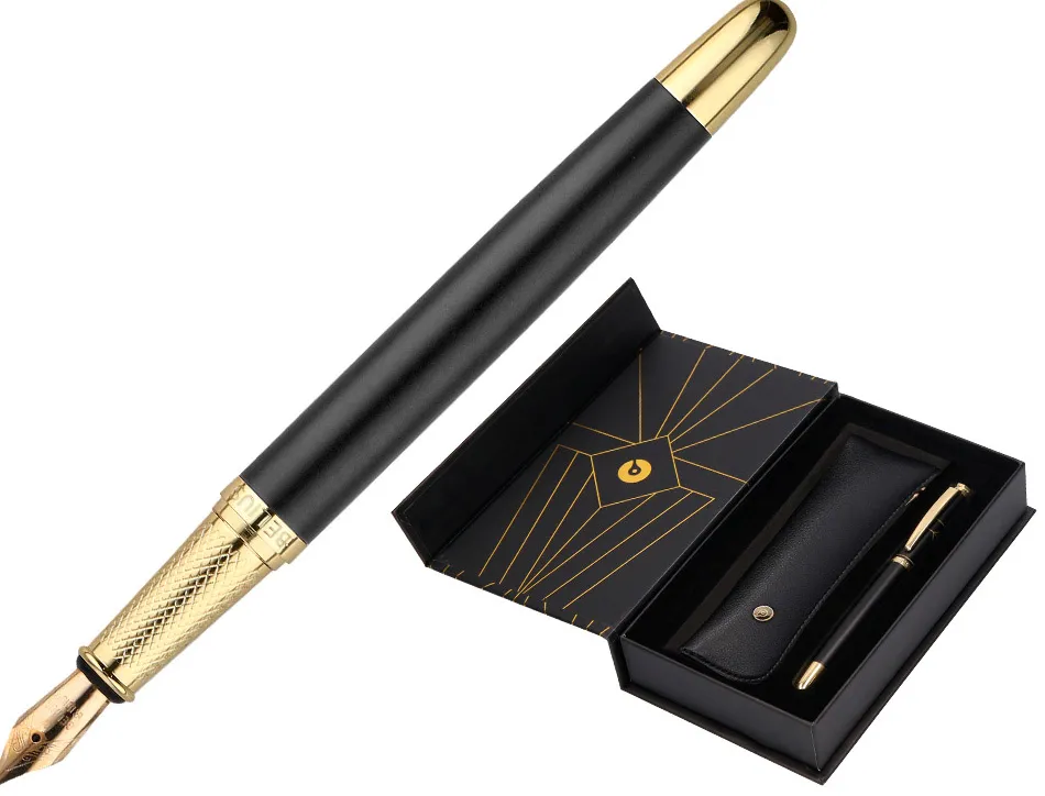 Stylo-plume et etui simili cuir belius soiree aluminium details et attributs or encre bleue coloris noir coffret cadeau