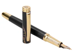 Stylo-plume et etui simili cuir belius soiree aluminium details et attributs or encre bleue coloris noir coffret cadeau