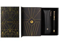 Stylo-plume et etui simili cuir belius soiree aluminium details et attributs or encre bleue coloris noir coffret cadeau