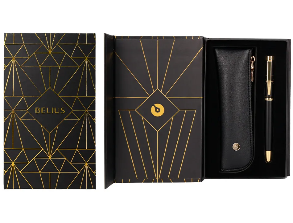 Stylo-plume et etui simili cuir belius soiree aluminium details et attributs or encre bleue coloris noir coffret cadeau