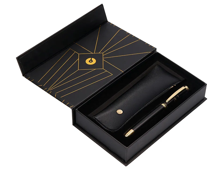 Stylo-plume et etui simili cuir belius soiree aluminium details et attributs or encre bleue coloris noir coffret cadeau