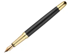 Stylo-plume et etui simili cuir belius soiree aluminium details et attributs or encre bleue coloris noir coffret cadeau