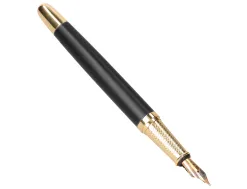 Stylo-plume et etui simili cuir belius soiree aluminium details et attributs or encre bleue coloris noir coffret cadeau