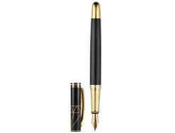 Stylo-plume et etui simili cuir belius soiree aluminium details et attributs or encre bleue coloris noir coffret cadeau