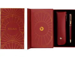 Stylo-plume et etui simili cuir belius soiree alum. details et attributs or encre bleue coloris bordeaux coffret cadeau