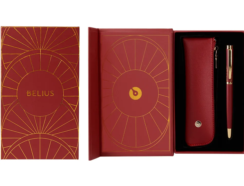 Stylo-plume et etui simili cuir belius soiree alum. details et attributs or encre bleue coloris bordeaux coffret cadeau