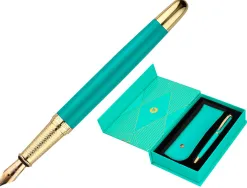 Stylo-plume et etui simili cuir belius soiree alum. details et attributs or encre bleue coloris turquoise coffret cadeau