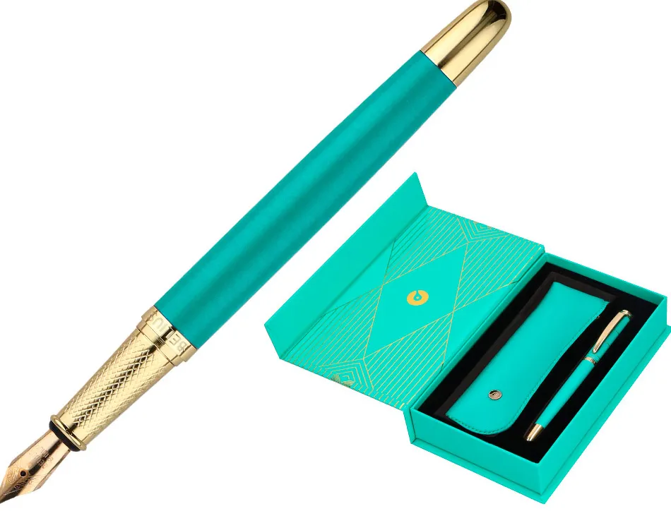 Stylo-plume et etui simili cuir belius soiree alum. details et attributs or encre bleue coloris turquoise coffret cadeau