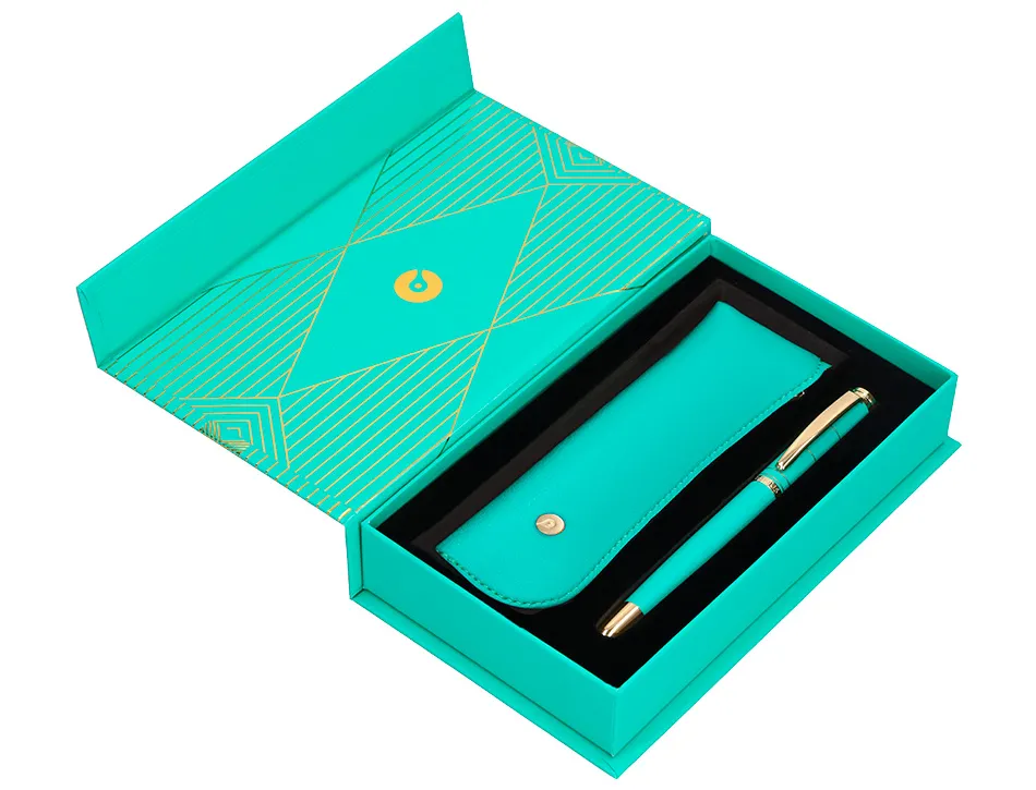 Stylo-plume et etui simili cuir belius soiree alum. details et attributs or encre bleue coloris turquoise coffret cadeau