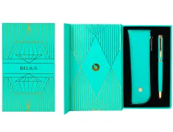 Stylo-plume et etui simili cuir belius soiree alum. details et attributs or encre bleue coloris turquoise coffret cadeau