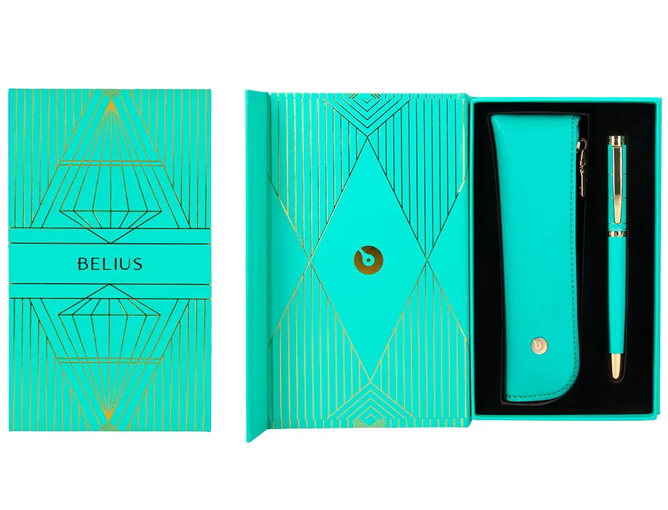 Stylo-plume et etui simili cuir belius soiree alum. details et attributs or encre bleue coloris turquoise coffret cadeau