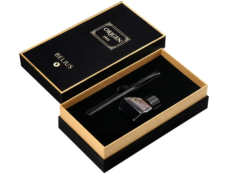 Stylo-plume et flacon d'encre belius origen aluminium brosse encre noire coloris noir dans coffret cadeau