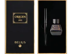 Stylo-plume et flacon d'encre belius origen aluminium brosse encre noire coloris noir dans coffret cadeau