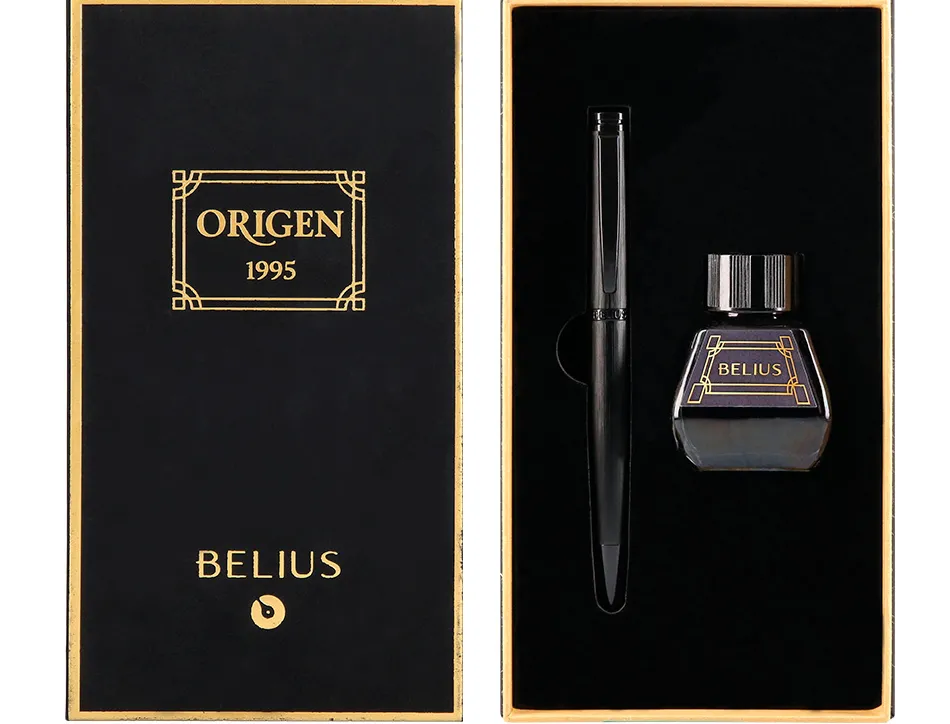 Stylo-plume et flacon d'encre belius origen aluminium brosse encre noire coloris noir dans coffret cadeau