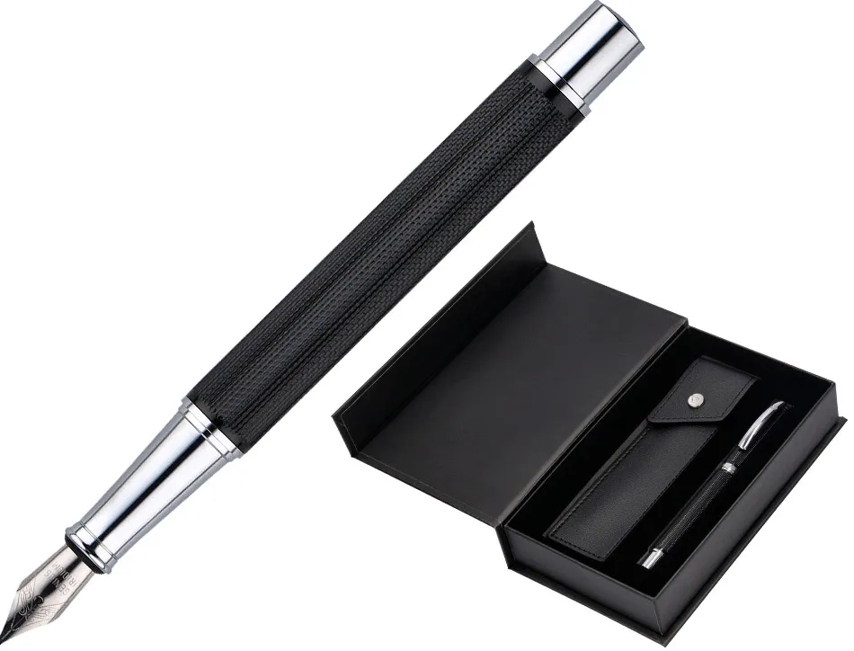 Stylo-plume etui simili cuir belius turbo alum. texture pointillee attributs argent encre bleue col. noir coffret cadeau