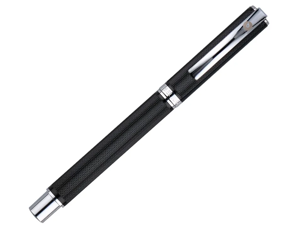 Stylo-plume etui simili cuir belius turbo alum. texture pointillee attributs argent encre bleue col. noir coffret cadeau