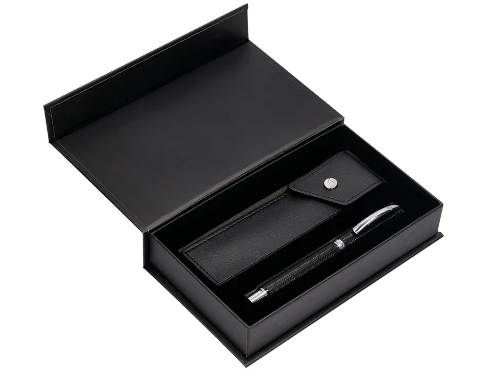 Stylo-plume etui simili cuir belius turbo alum. texture pointillee attributs argent encre bleue col. noir coffret cadeau